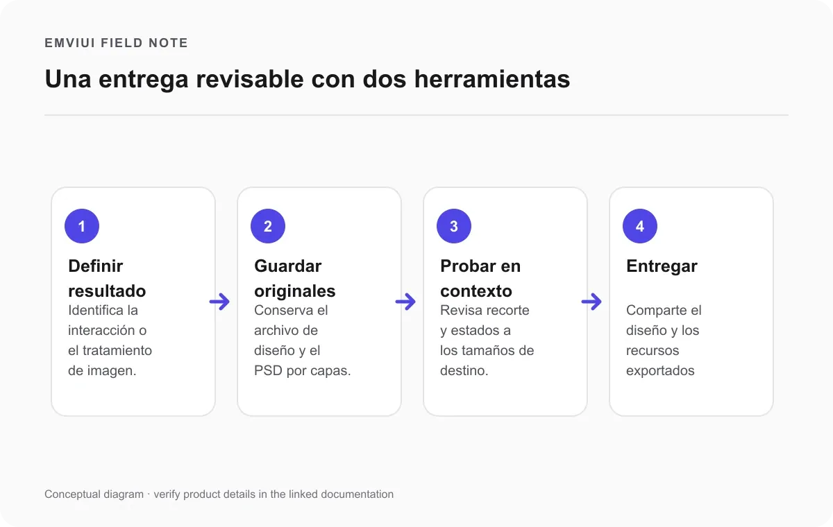 Flujo de cuatro pasos desde definir el resultado hasta guardar originales y entregar recursos