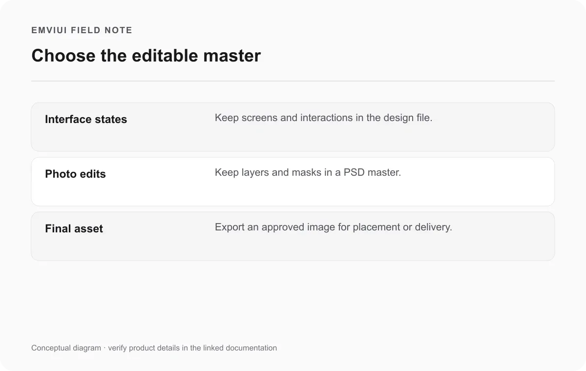 Decision matrix showing Figma as the interface master and Photoshop as the layered image master