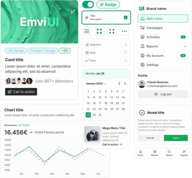 High-fidelity UI kit example with dashboard and widgets.