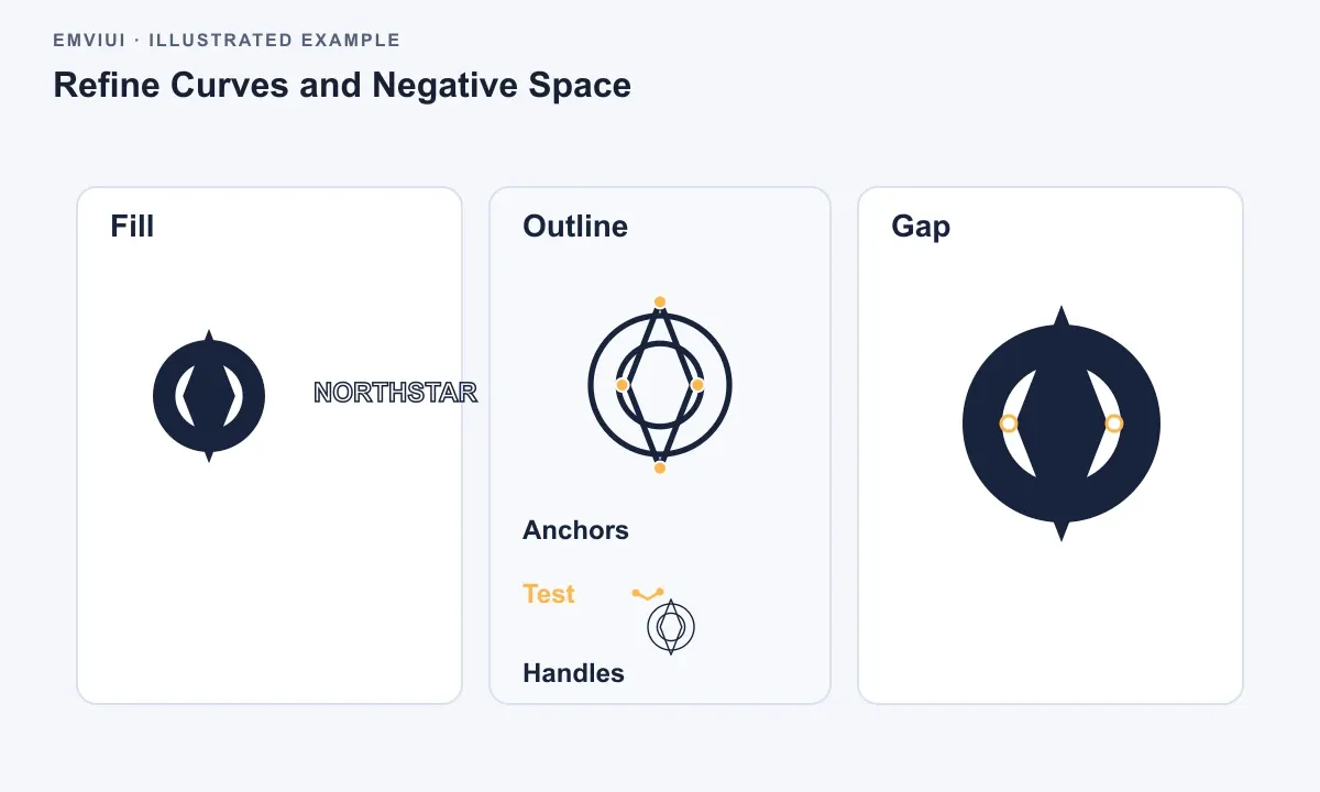 A filled Northstar mark is compared with its vector outline, anchor points, handles, and negative space.