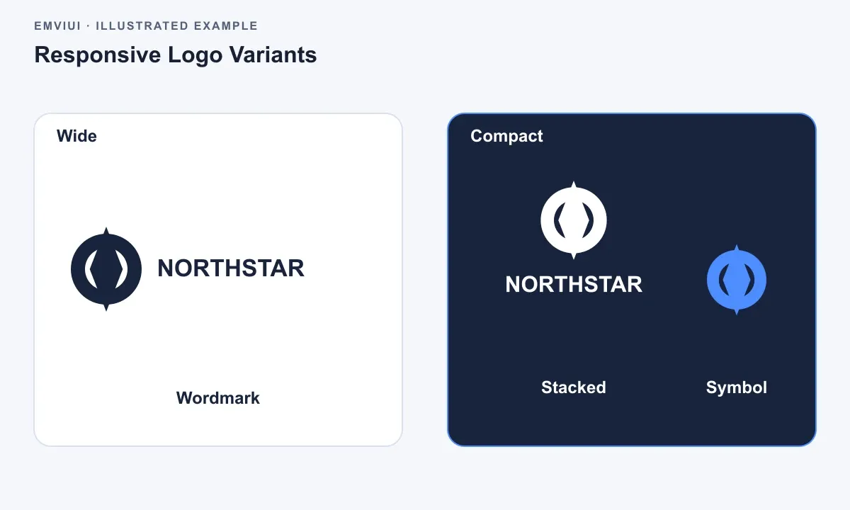 Two large panels show a horizontal symbol-and-wordmark lockup, then stacked and symbol-only compact variants.