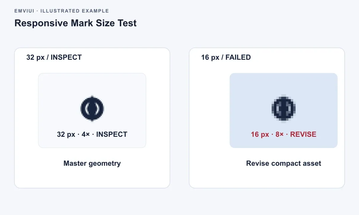 Two large raster specimens: the 32 px mark preserves master geometry for inspection; the 16 px mark loses detail and requires a revised compact asset.