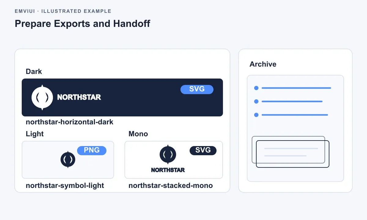A Figma export board shows approved logo frames, SVG and PNG badges, and clear filenames.