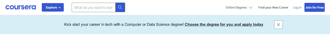 Coursera notification bar example with a clear action