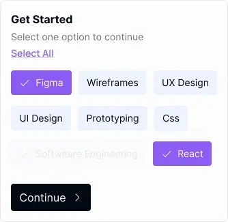Tarjeta EmviUI con Figma y React seleccionados, chips de temas, Software Engineering atenuado y Continue