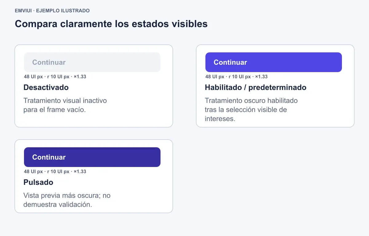 Botón Continuar en estados visuales deshabilitado, habilitado y pulsado
