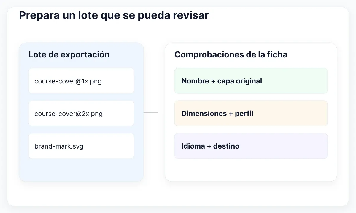 Tres archivos conectados con una ficha de origen, dimensiones, perfil, idioma y destino.