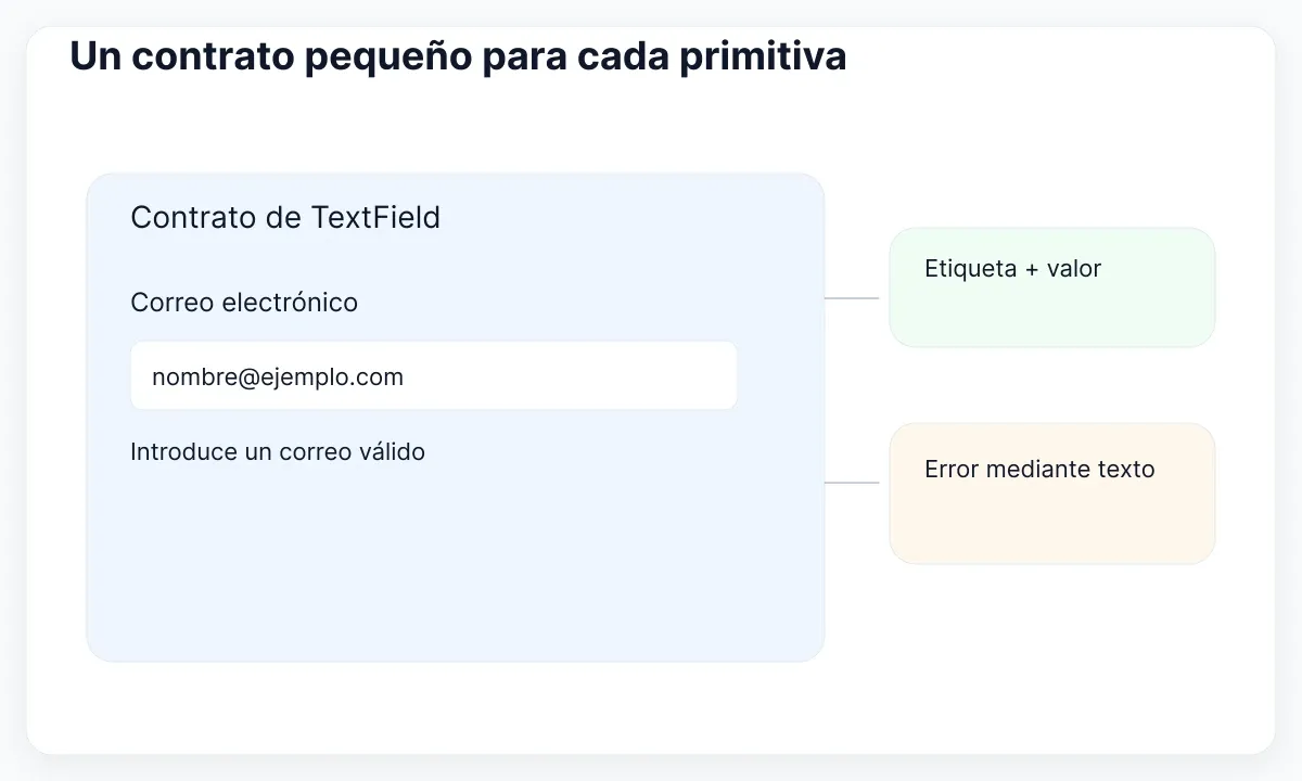El campo incluye etiqueta, valor y error textual; el producto decide qué valor es válido.