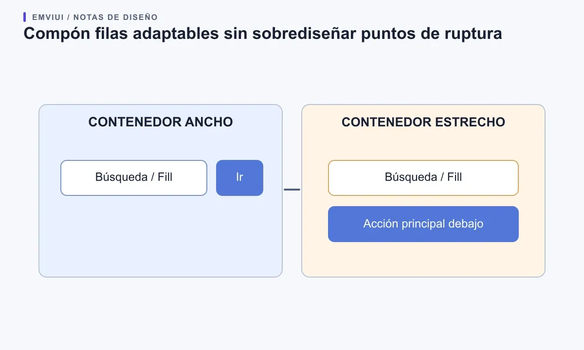 Una barra pasa de mostrar búsqueda y acción en una fila a apilarlas en un ancho reducido.