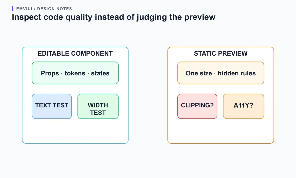 A code review specimen separates maintainable component structure from a static visual preview.