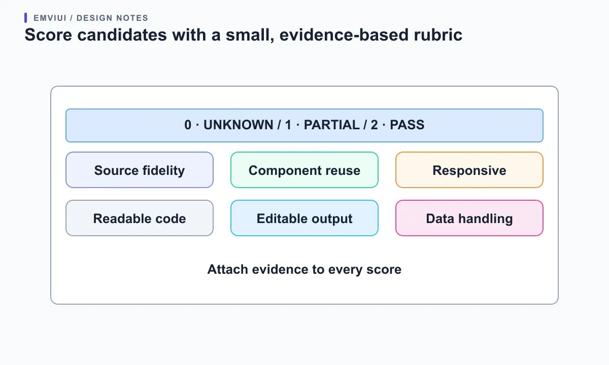 Six-part scorecard for fidelity, reuse, responsive behavior, readability, editability, and data handling.