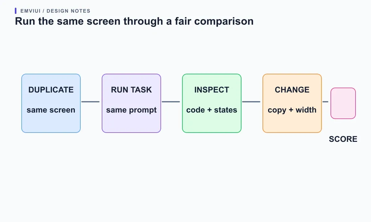 A repeatable test flow: duplicate one screen, run the same task, inspect output, change content, and compare.