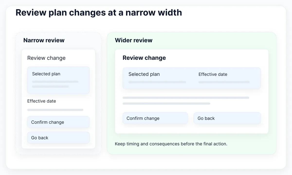 Narrow stacked plan-change review beside a wider summary with timing and confirmation actions
