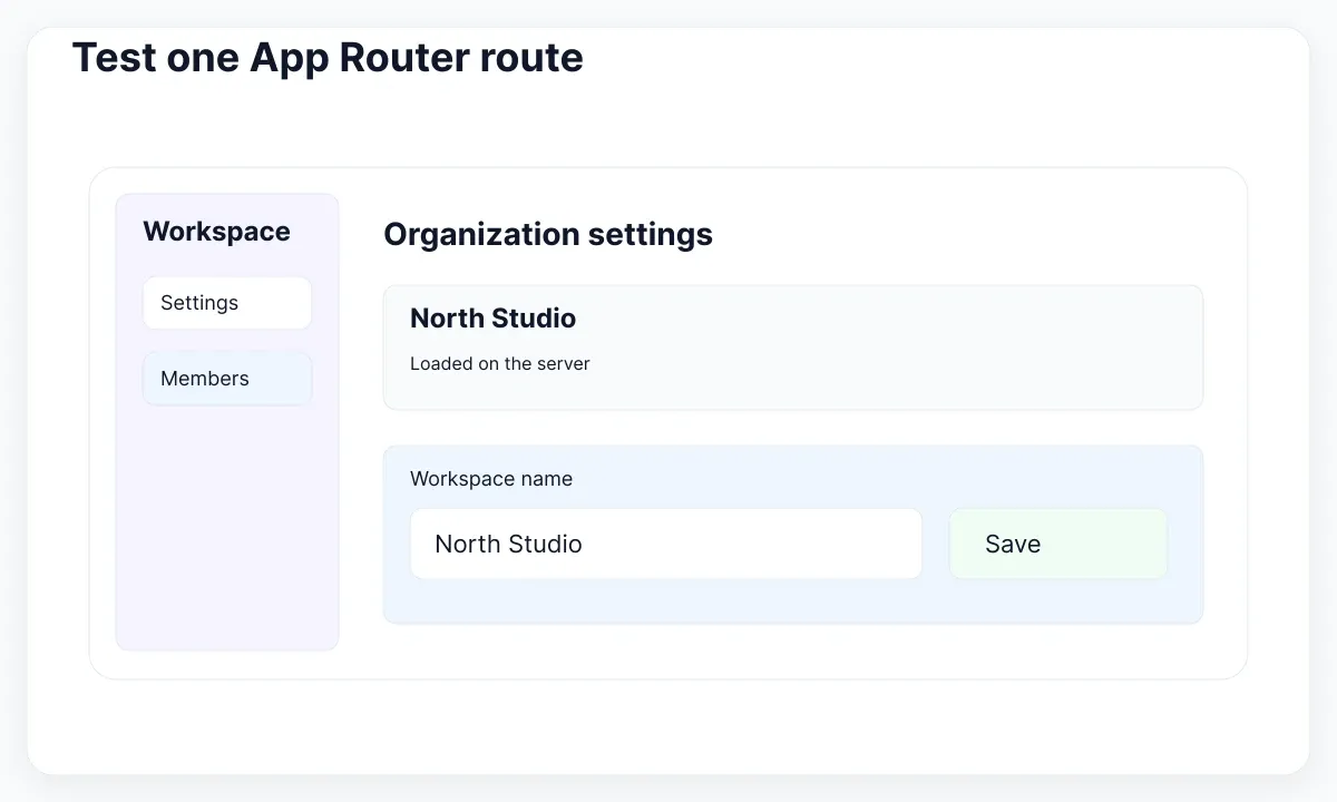 Workspace route with navigation, server summary and interactive save area.