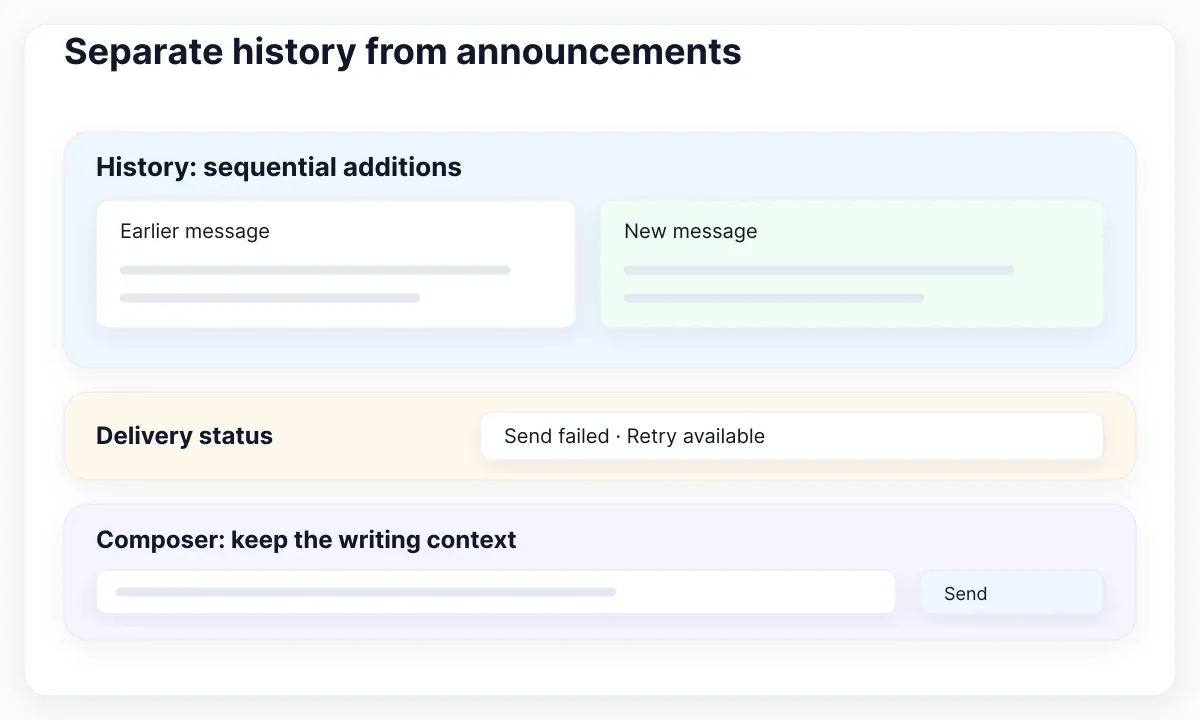 Separate transcript additions, delivery feedback and editing context; test actual spoken announcements.