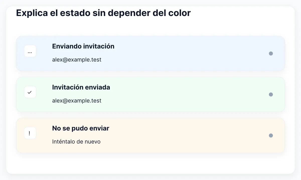 Mensajes de invitación pendiente, enviada y fallida con palabras y símbolos distintos.