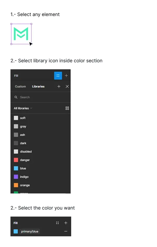 Referencia de biblioteca de color de EmviUI con un objeto seleccionado y un relleno de biblioteca; es una ilustración de EmviUI, no una captura actual de Figma.