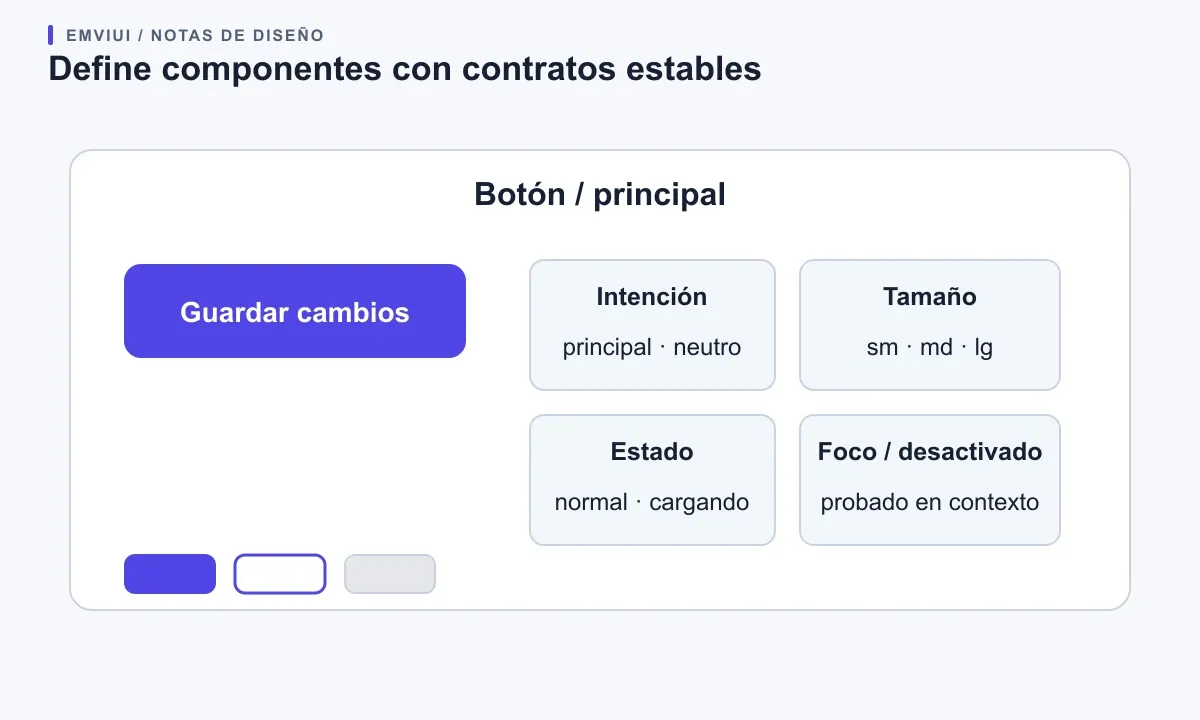 El contrato del botón separa intención, tamaño y estado de interacción de su rol de color.