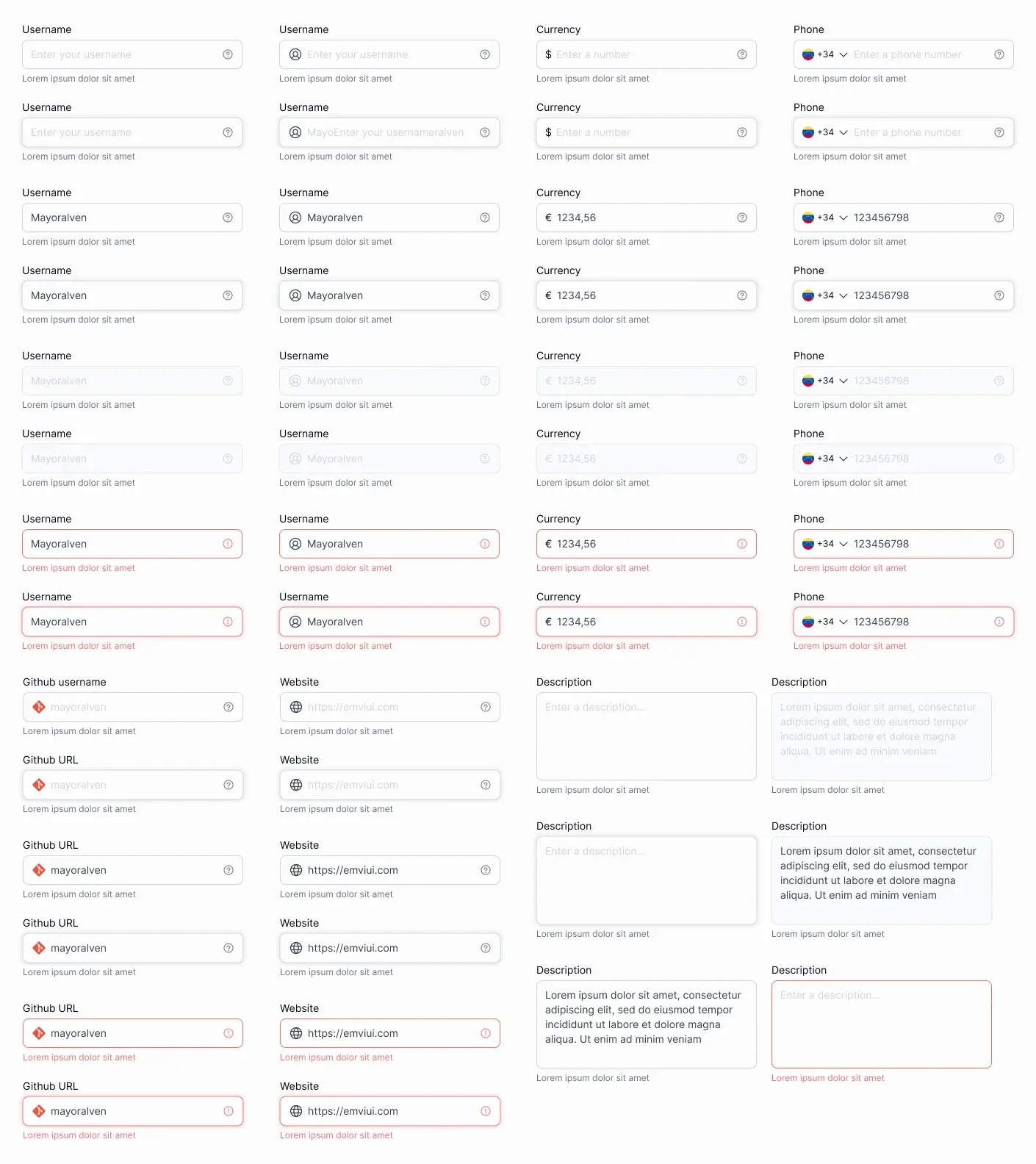 EmviUI input specimens with labels, supporting text, error treatments and multiline fields.