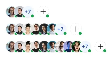 Real EmviUI avatar groups with different visible member counts, overflow indicators and add controls.