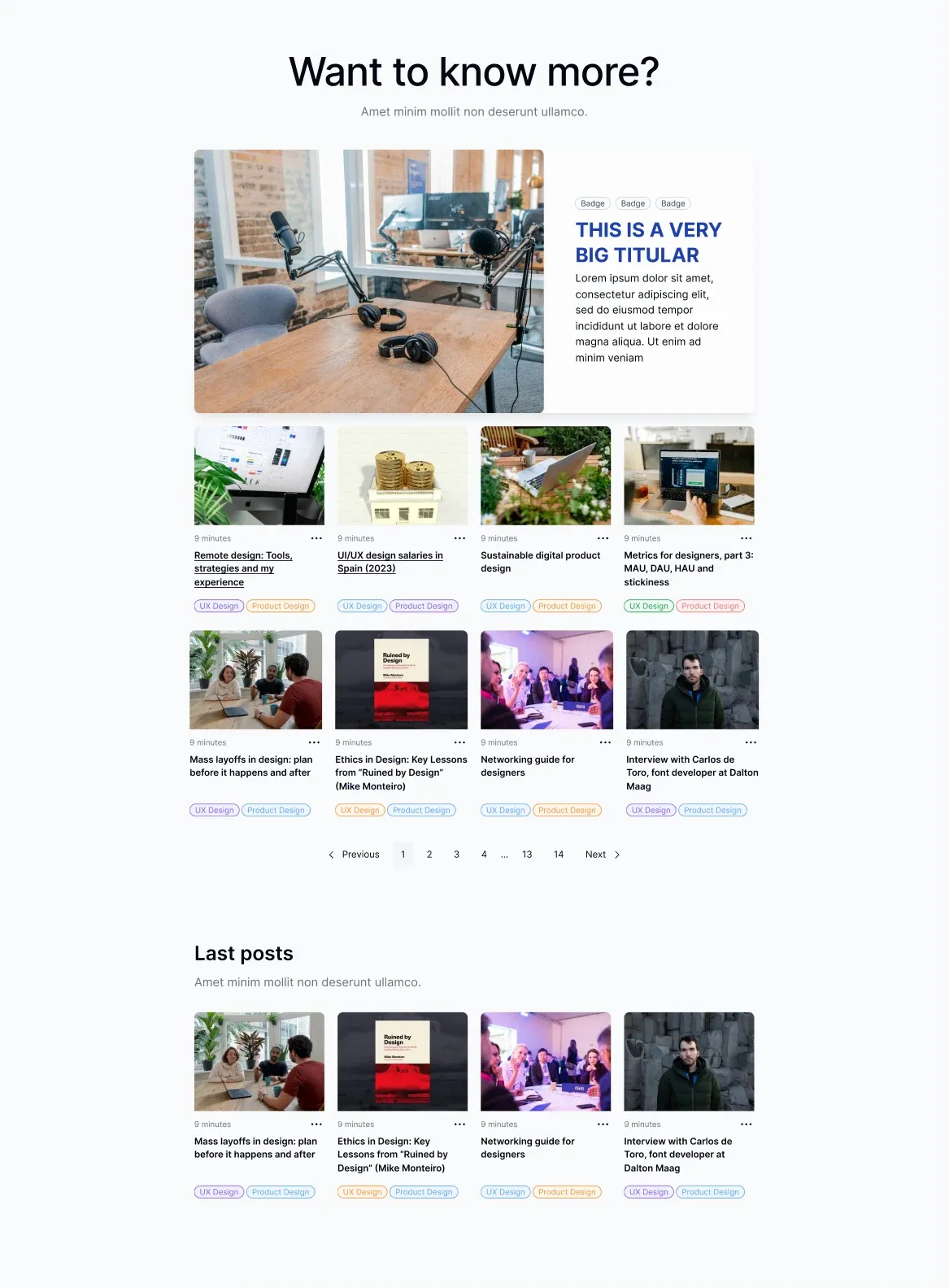 EmviUI editorial-board example with a featured area followed by smaller article cards