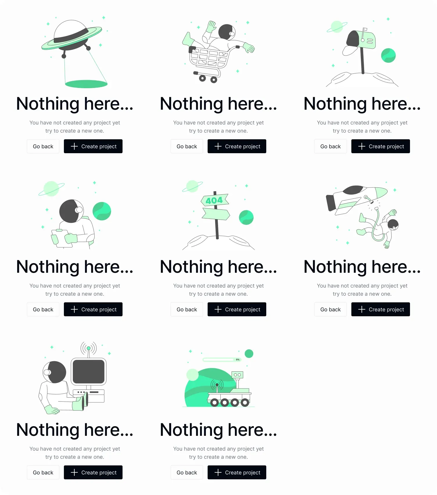 Eight EmviUI empty-workspace specimens with illustrations and actions to create a first project.