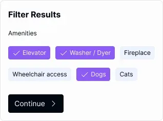 Real EmviUI amenities filter specimen with selected purple chips, unselected chips and a Continue action.