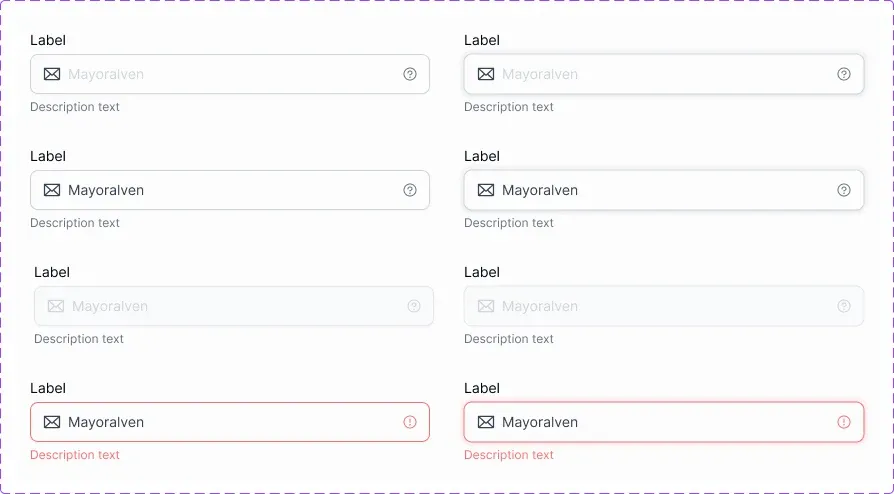 Muestras de campos de correo EmviUI con tratamientos neutros, atenuados y rojos, ayuda e iconos de alerta.