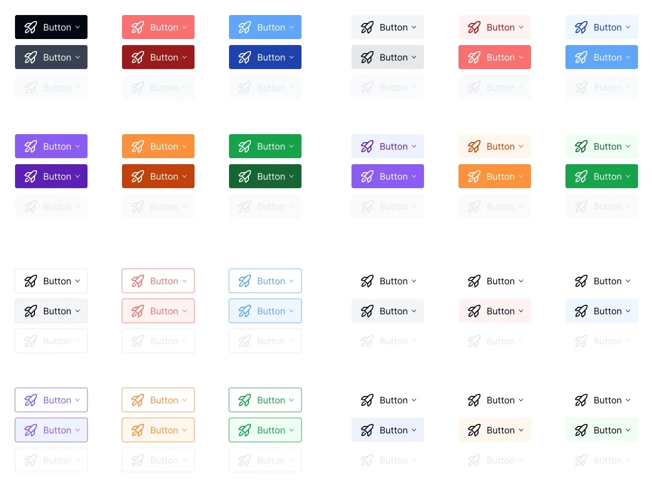 EmviUI button specimens with labels, rocket icons and different surface treatments.