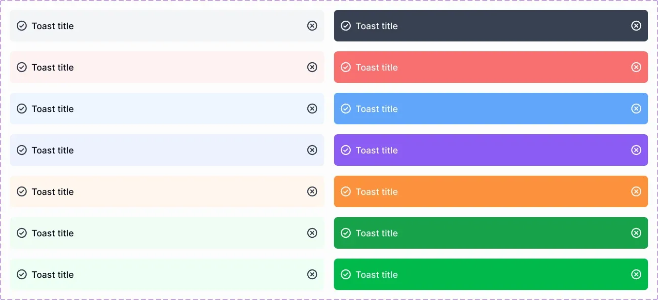 Real EmviUI alert and toast specimen with light and stronger surface treatments, icons, labels and close controls.