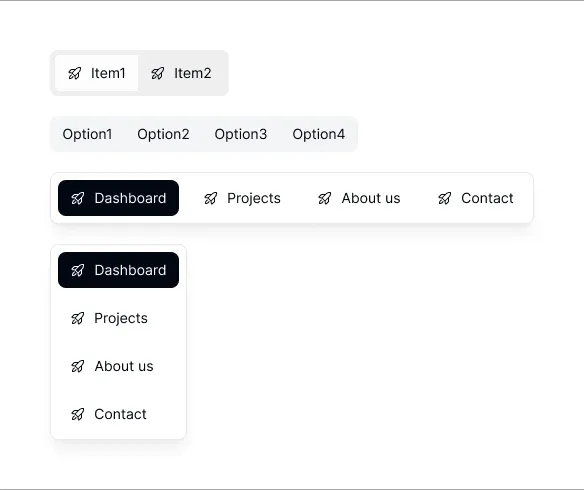 EmviUI button-group specimens with horizontal and vertical arrangements and a dark selected item.