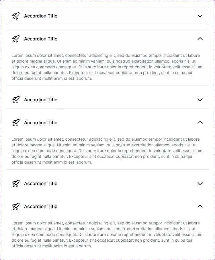 Tratamientos de acordeón de EmviUI en Figma con encabezados plegados y paneles de texto desplegados