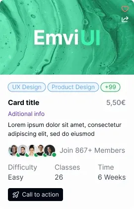 Muestra de tarjeta EmviUI con portada verde, etiquetas, texto de ejemplo, avatares y llamada a la acción.