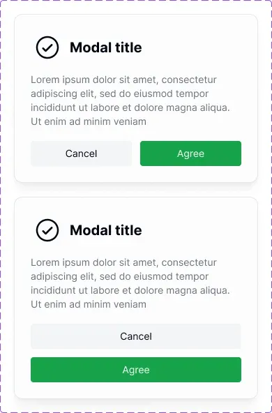Real EmviUI modal specimen with status symbols, titles, supporting copy and side-by-side or stacked actions.