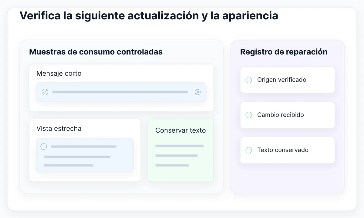Tablero de verificación propuesto: revisa alertas cortas y estrechas y registra origen, entrega y contenido conservado.