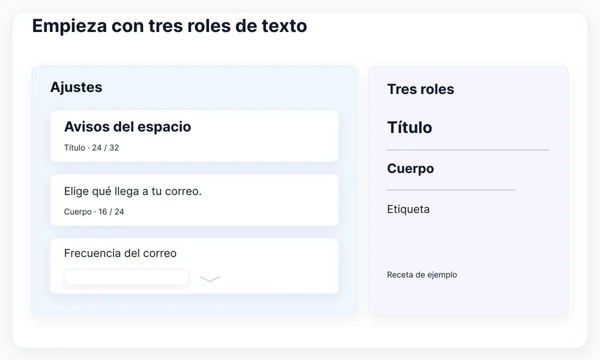 Muestra de ajustes con roles de título, cuerpo y etiqueta y medidas de ejemplo.