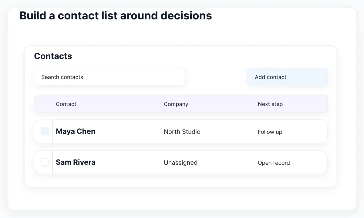 Fictional CRM interface specimen: Build a contact list around decisions
