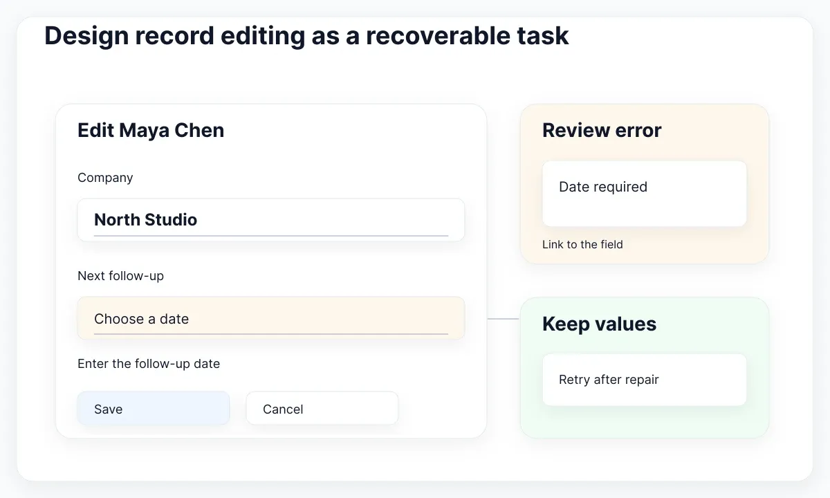 Fictional CRM interface specimen: Design record editing as a recoverable task