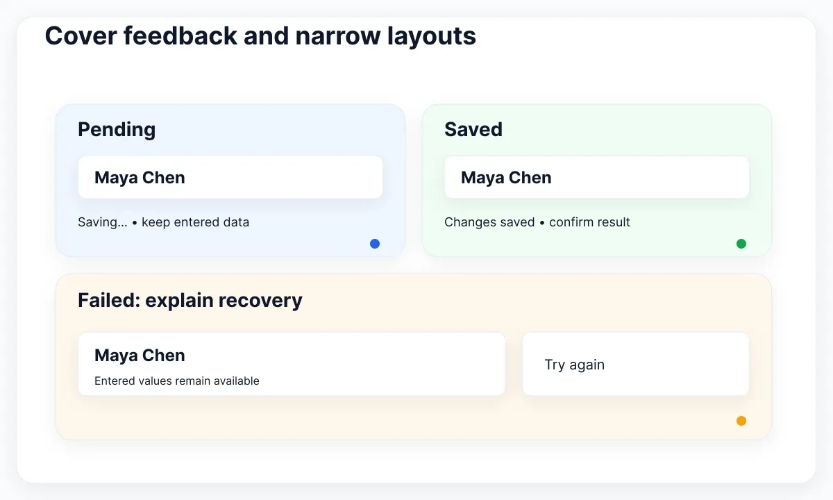 Fictional CRM interface specimen: Cover feedback and narrow layouts
