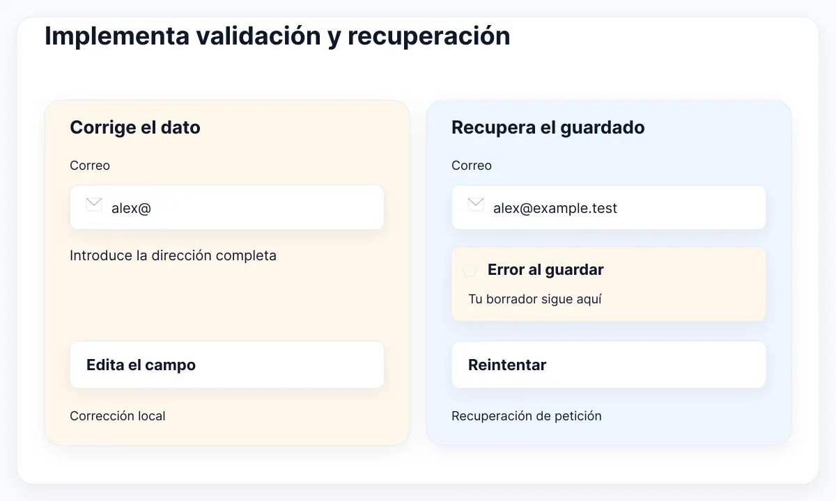 Ejemplos propuestos distinguen una corrección de campo de una petición fallida que conserva el borrador válido.