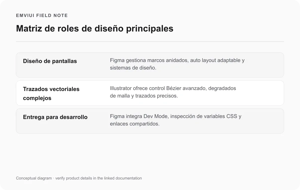 Matriz comparativa entre Figma para pantallas de interfaz e Illustrator para arte vectorial