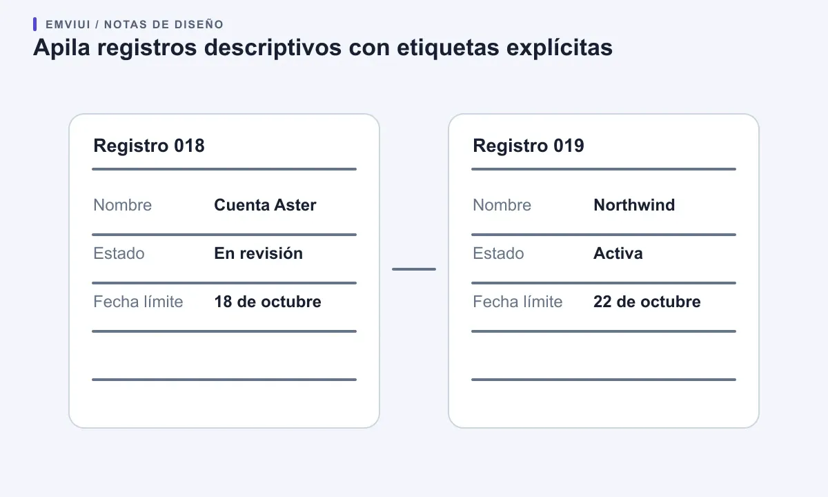 Dos tarjetas repiten las etiquetas para que cada valor conserve su contexto al apilar las filas.