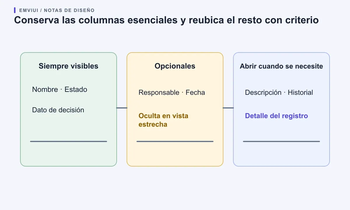 Un plan separa los campos visibles, las columnas opcionales y los detalles que se abren bajo demanda.