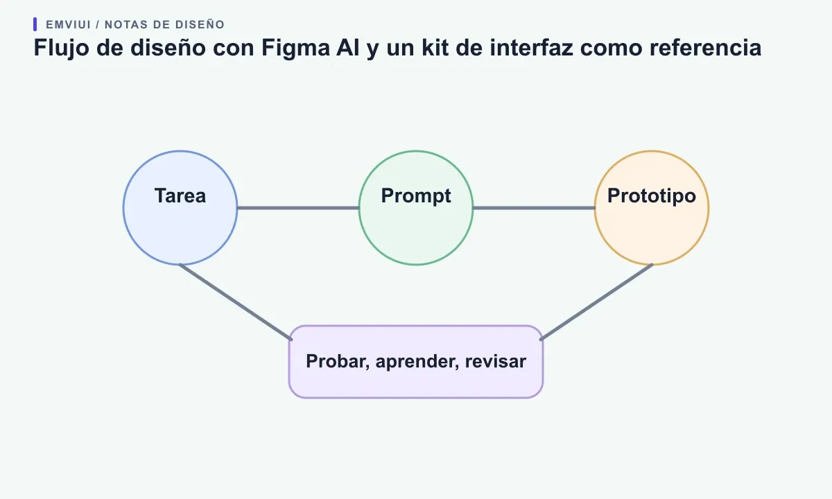 Una tarea pasa por el prompt y el prototipo de Figma AI, con un kit de interfaz como referencia y una prueba humana antes de revisar.