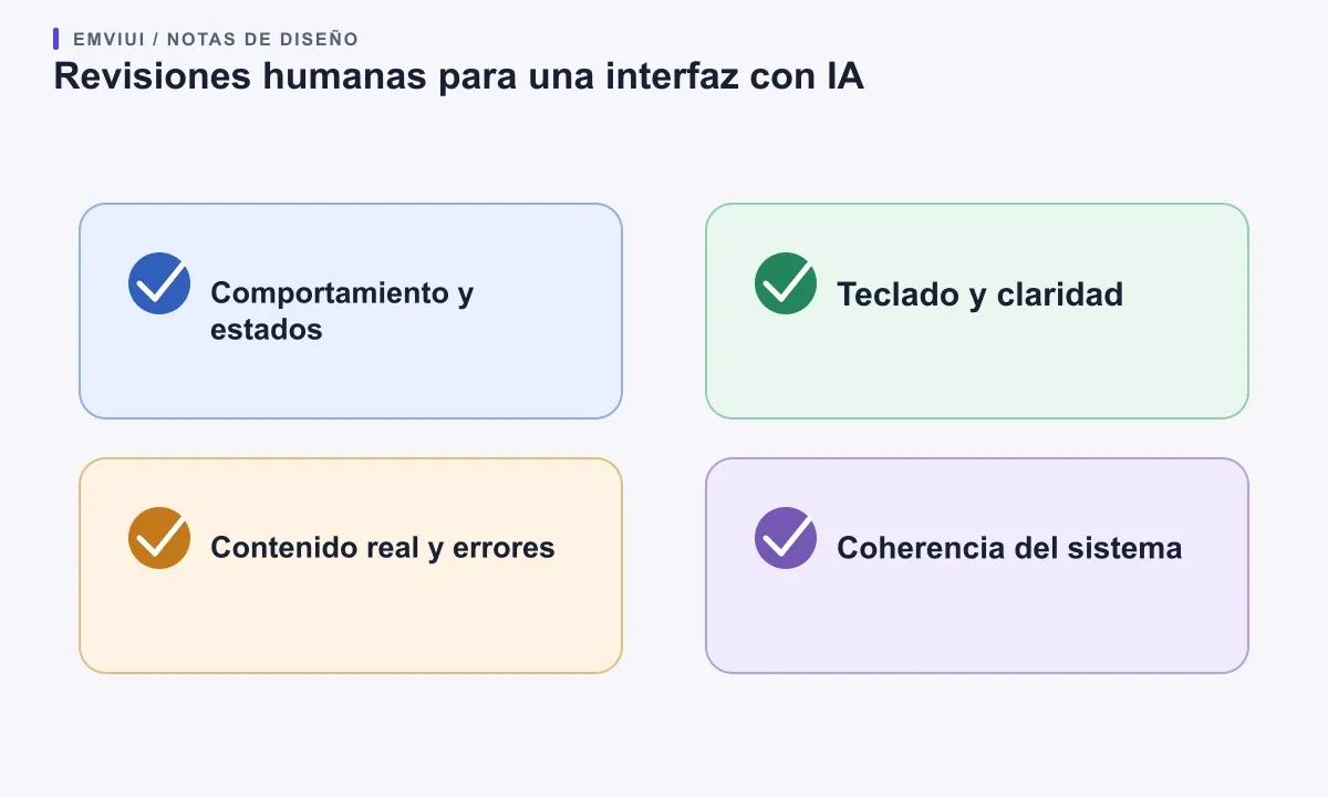 Cuatro controles separan el comportamiento funcional, la accesibilidad, el realismo del contenido y la coherencia del sistema antes de avanzar con una pantalla generada.
