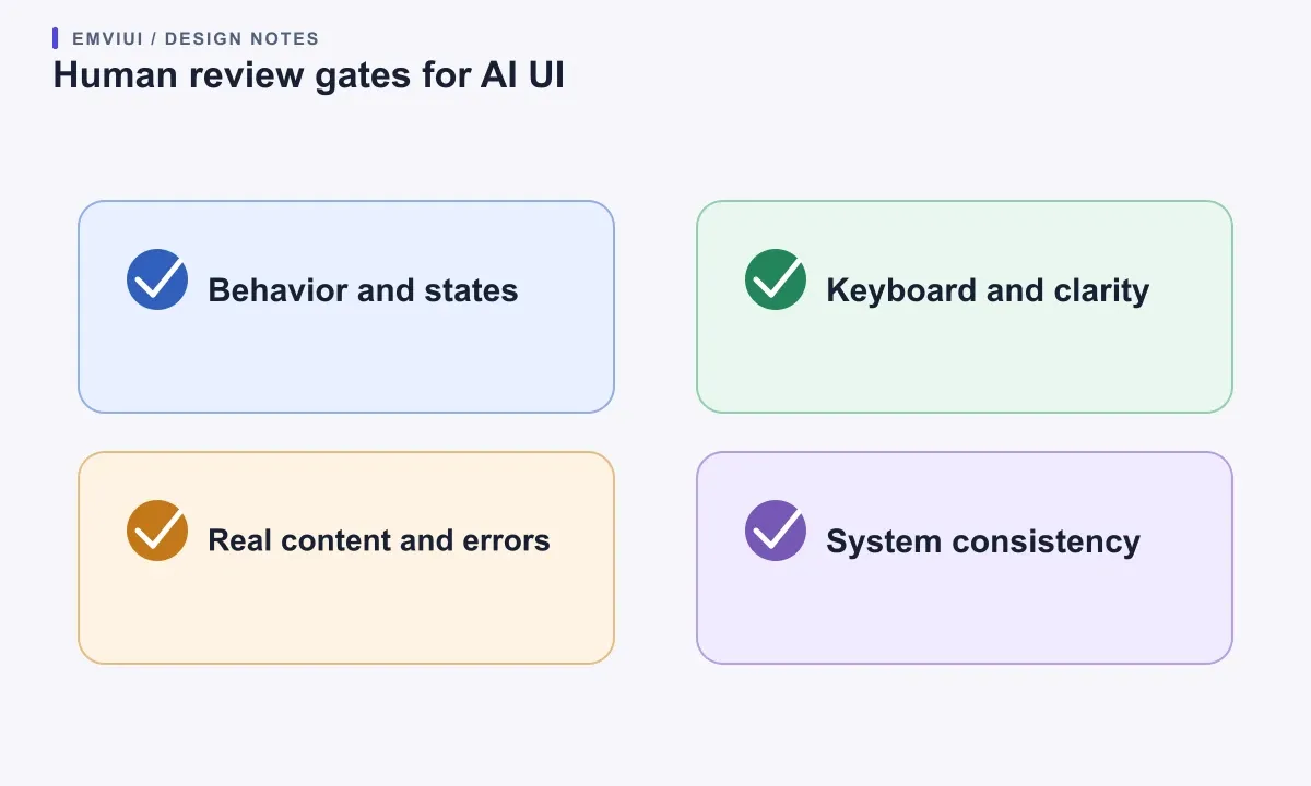 Four review gates separate functional behavior, accessibility, content realism, and system consistency before a generated screen moves forward.
