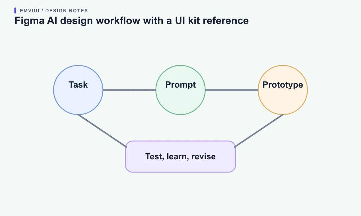 A product task flows through Figma AI prompting and a prototype, with a UI kit as reference and human testing before revision.