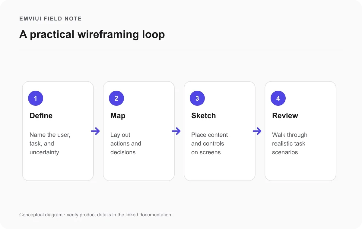 Four stages in a workflow for defining, mapping, sketching, and reviewing a wireframe