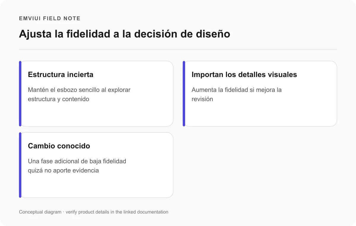 Tres tarjetas sobre cuándo mantener baja fidelidad, añadir detalle visual u omitir un esbozo separado