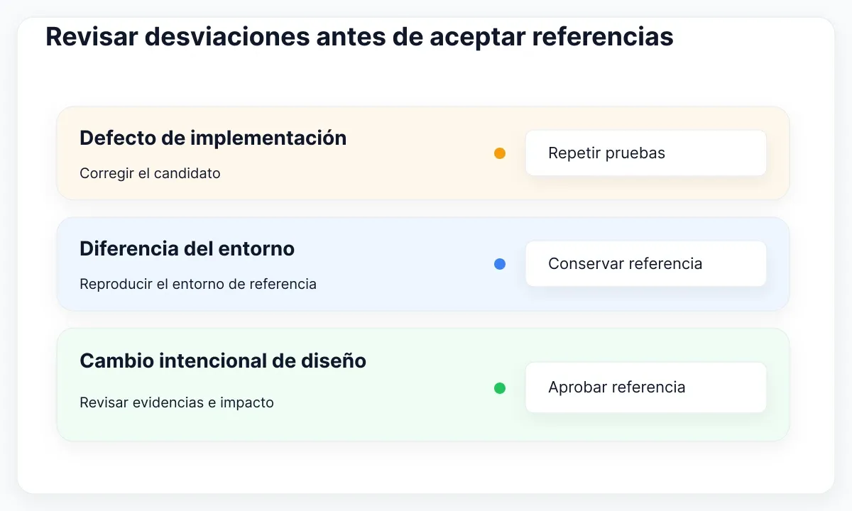 Ilustración de aceptación en CI: Revisar desviaciones antes de aceptar referencias